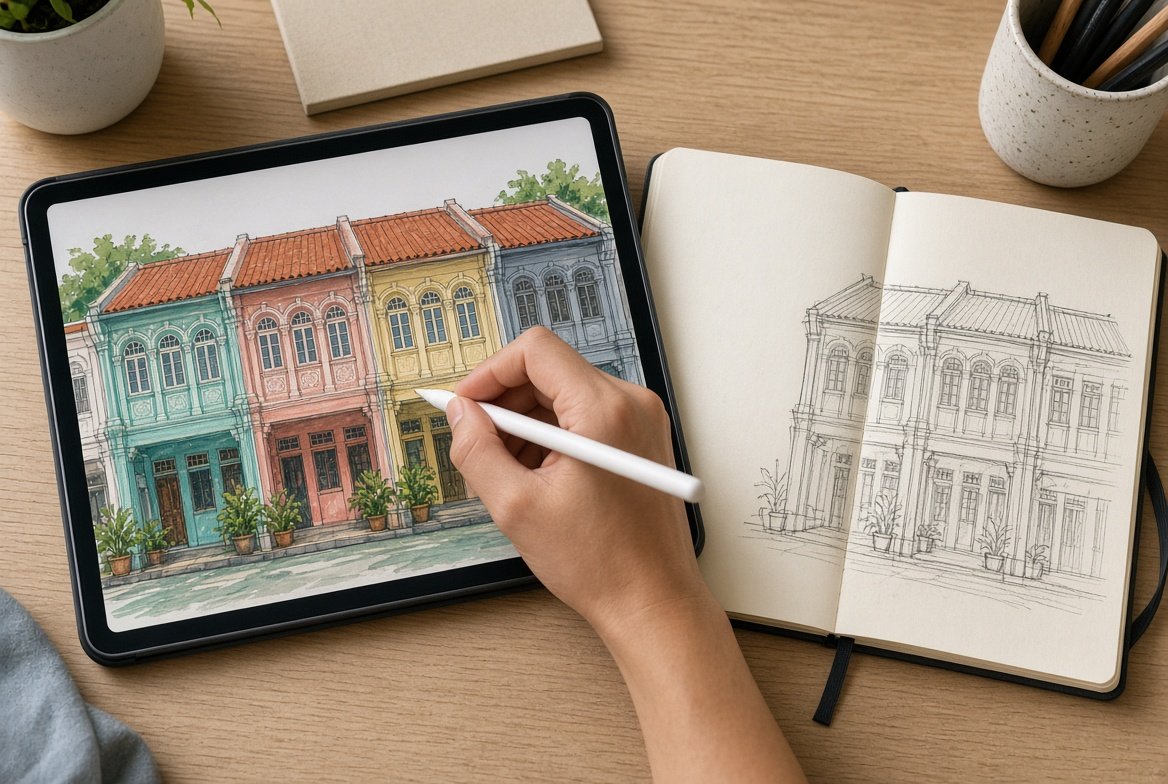 Illustrator drawing on a tablet