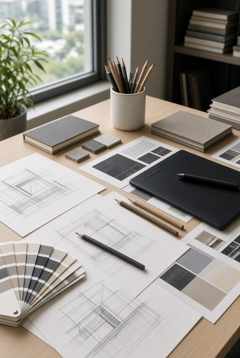 Graphic design studio desk with sketches and print proofs